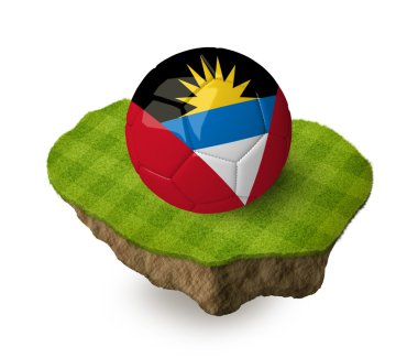 3d realistic soccer ball with the flag of Antigua and Barbuda on a piece of rock with stripped green soccer field on it. See whole set for other countries.