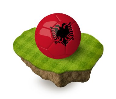 3d realistic soccer ball with the flag of Albania on a piece of rock with stripped green soccer field on it. See whole set for other countries.