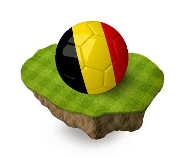 3d realistic soccer ball with the flag of Belgium on a piece of rock with stripped green soccer field on it. See whole set for other countries. — Stock Photo, Image