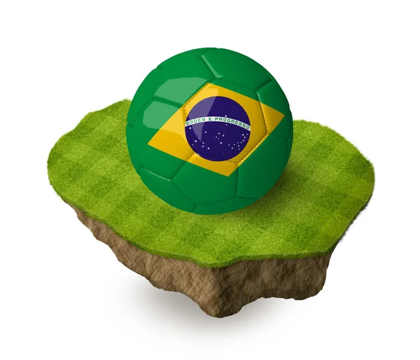 3d realistic soccer ball with the flag of Brazil on a piece of rock with stripped green soccer field on it. See whole set for other countries. — Zdjęcie stockowe