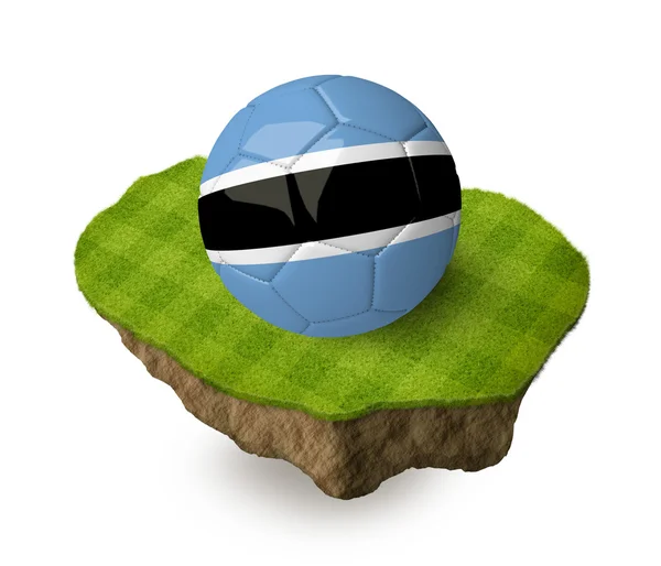 Pallone da calcio realistico 3d con la bandiera del Botswana su un pezzo di roccia con campo di calcio verde spogliato su di esso. Vedi set completo per gli altri paesi . — Foto Stock