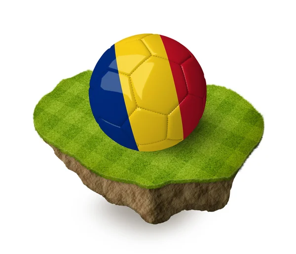 3d realistic soccer ball with the flag of Chad on a piece of rock with stripped green soccer field on it. See whole set for other countries. — Stock Photo, Image