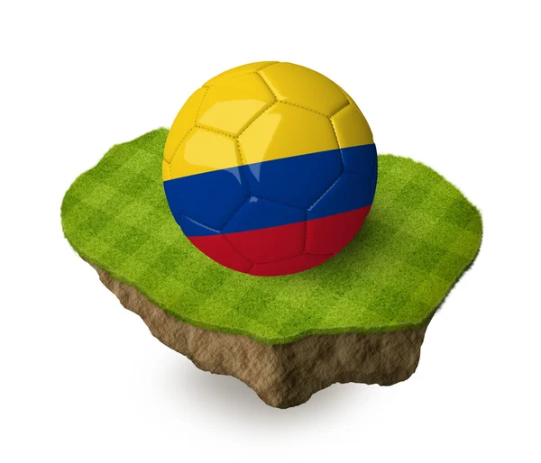 3d realistic soccer ball with the flag of Colombia on a piece of rock with stripped green soccer field on it. See whole set for other countries. — Stockfoto
