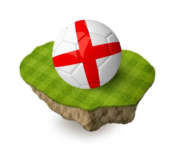 3d realistic soccer ball with the flag of England on a piece of rock with stripped green soccer field on it. See whole set for other countries. — Zdjęcie stockowe