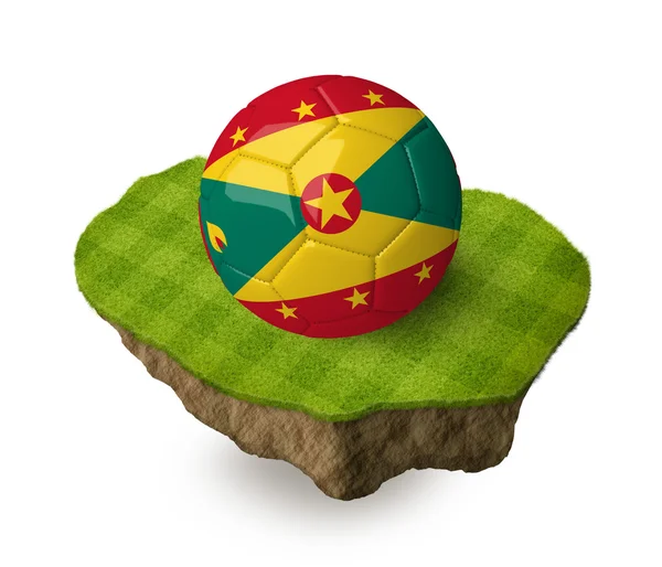 3d realistic soccer ball with the flag of Grenada on a piece of rock with stripped green soccer field on it. See whole set for other countries. — Zdjęcie stockowe