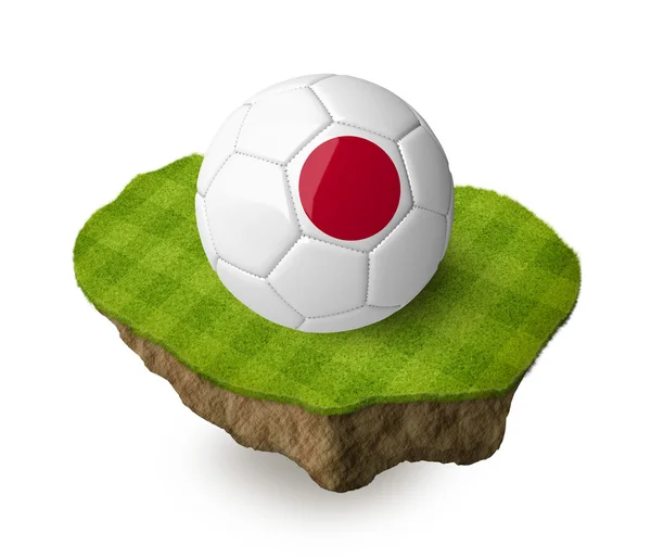 3d realistic soccer ball with the flag of Japan on a piece of rock with stripped green soccer field on it. See whole set for other countries. — Φωτογραφία Αρχείου