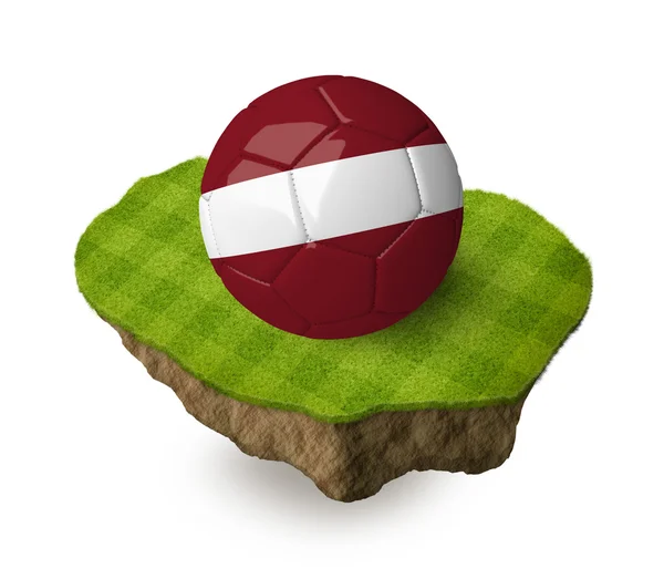 3d realistic soccer ball with the flag of Latvia on a piece of rock with stripped green soccer field on it. See whole set for other countries. — Stock Fotó