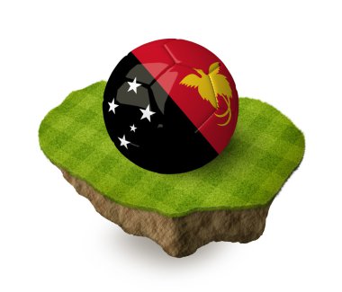 3D gerçekçi futbol topuyla soyulmuş yeşil futbol sahasında ile kaya parçası üzerine Papua Yeni Gine bayrağı. Bütün diğer ülkeler için bkz:.