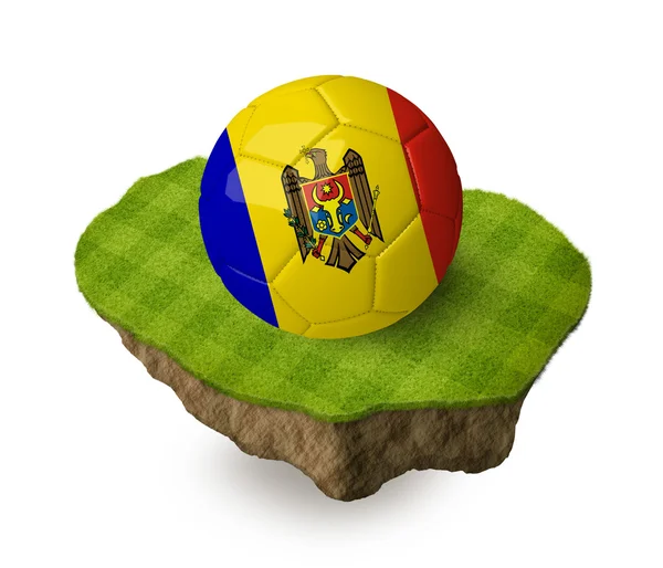 3d realistic soccer ball with the flag of Moldova on a piece of rock with stripped green soccer field on it. See whole set for other countries. — Stockfoto