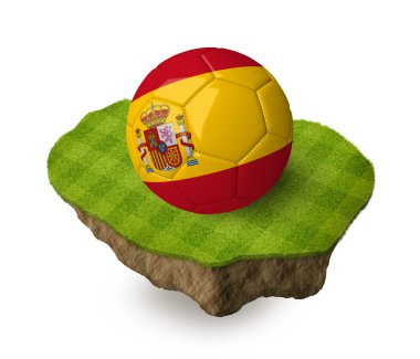 3d realistic soccer ball with the flag of Spain on a piece of rock with stripped green soccer field on it. See whole set for other countries.