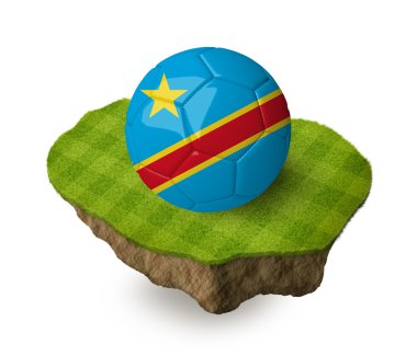 3d realistic soccer ball with the flag of the Democratic Republic of the Congo on a piece of rock with stripped green soccer field on it. See whole set for other countries.