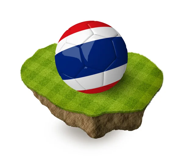 3d realistic soccer ball with the flag of Thailand on a piece of rock with stripped green soccer field on it. See whole set for other countries. — Stockfoto