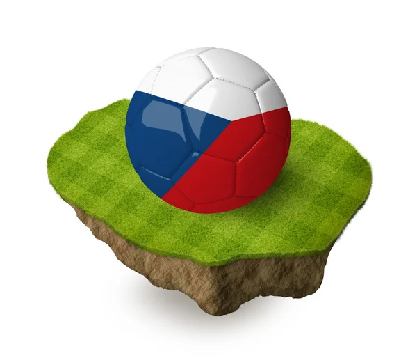3d realistic soccer ball with the flag of the Czech Republic on a piece of rock with stripped green soccer field on it. See whole set for other countries. — Zdjęcie stockowe