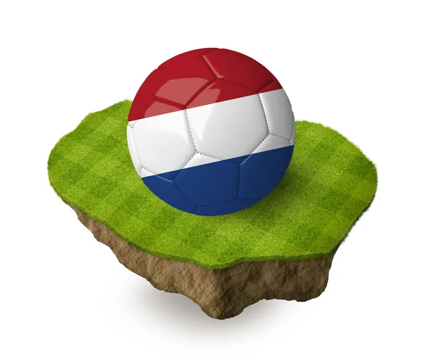 3d realistic soccer ball with the flag of the Netherlands on a piece of rock with stripped green soccer field on it. See whole set for other countries. — Stock Photo, Image