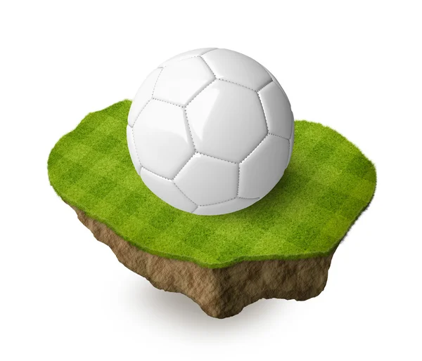 3d realistic mockup soccer ball on a piece of rock with stripped green soccer field on it. See whole set for other countries. — Stockfoto