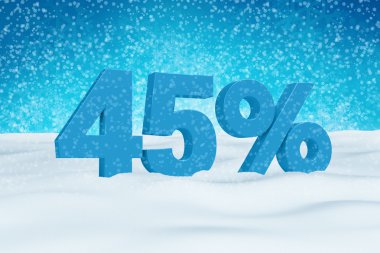 Blue 3d 45% text on white snow background for winter sale campaigns. See whole set for other numbers.