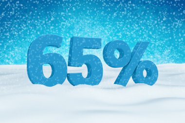 Blue 3d 65% text on white snow background for winter sale campaigns. See whole set for other numbers.