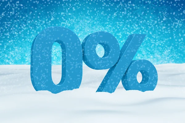 Blue 3d 0% text on white snow background for winter sale campaigns. See whole set for other numbers. — Stok fotoğraf