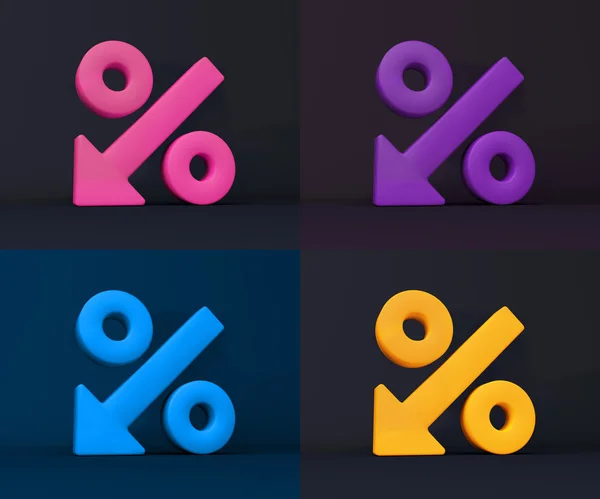 Pink, violet, biru, kuning 3d tanda penjualan dengan persentase ikon, konsep untuk kampanye penjualan . — Stok Foto