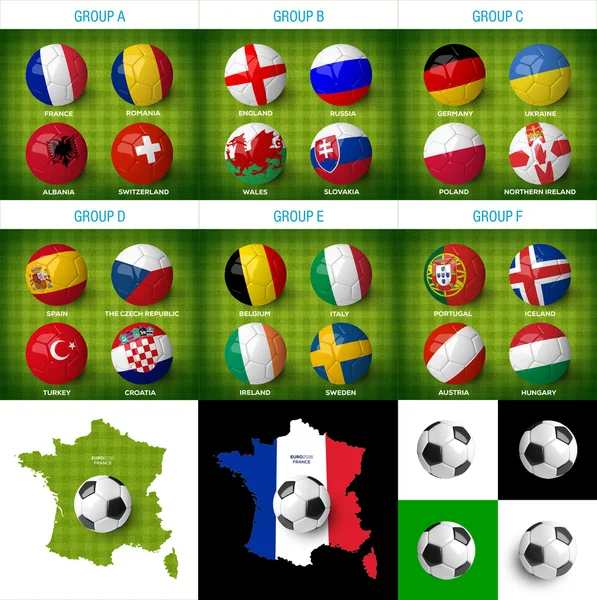 Euro 2016 Frankrijk groepen. Voetballen met vlaggen van de wereld op hen geïsoleerd op groene voetbalveld en nog veel meer. — Stockfoto