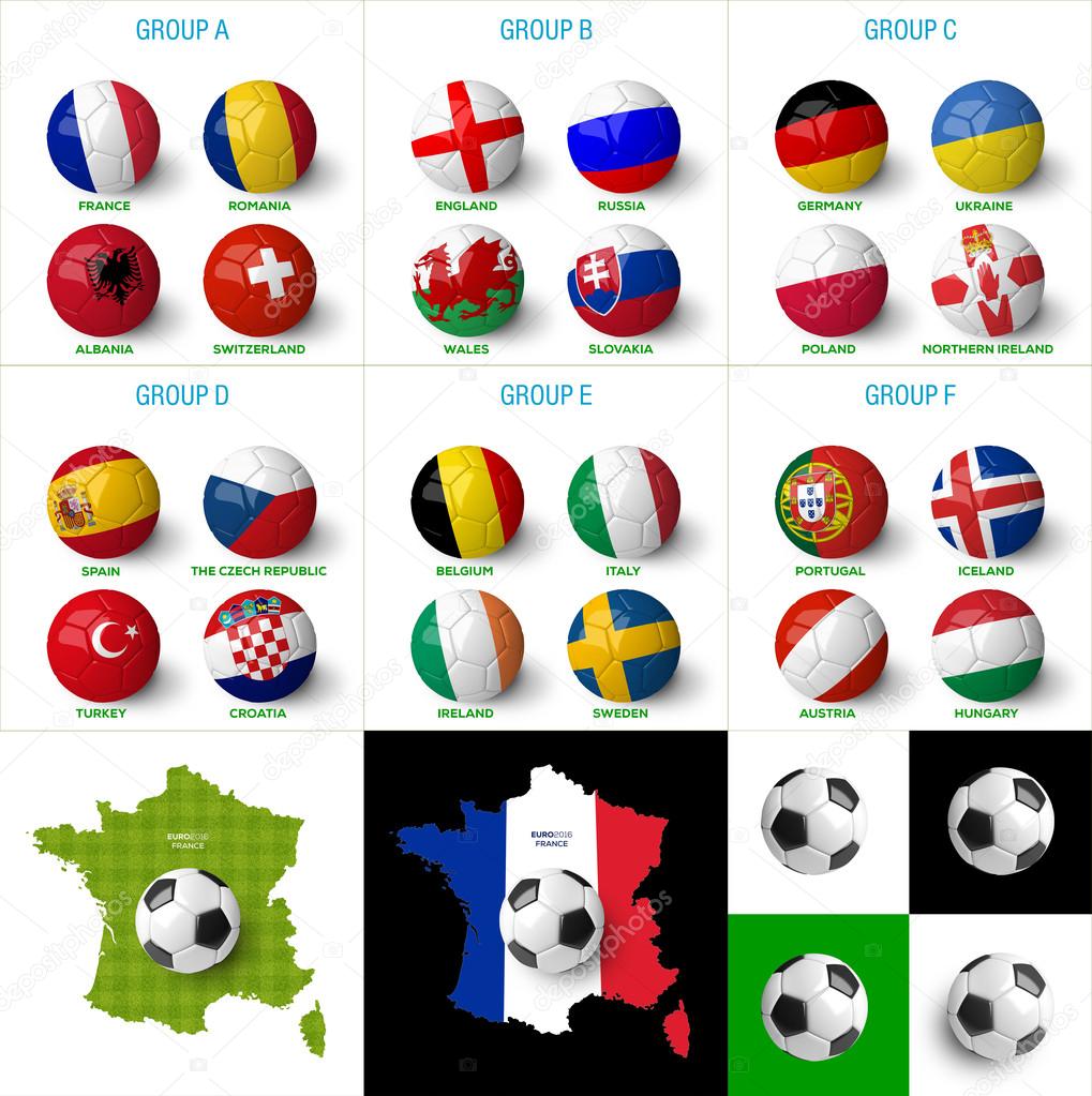Euro 2016 France groups. Soccer balls with world flags on them isolated on white background and much more.