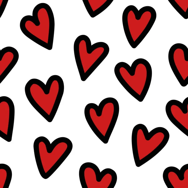 Naadloze patronen met met de hand getekende rode harten met zwarte omtrek Stockillustratie