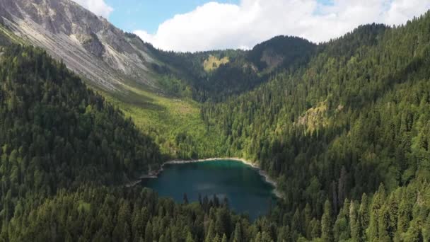 Beautiful small lake in mountain forest, aerial view — Stock Video