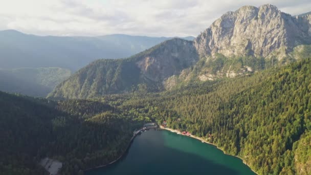 Ritsa-tó, tűlevelű erdő, hegyek fentről — Stock videók
