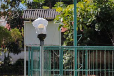 Yeşil çitin dışında LED ampullü beyaz bahçe lambası direği.