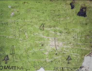 Canlı, yeşil, duvar boyalı bir kireç ya da eski duvar kağıdının kabuk dokusu, soyulma ve kalın kaplama el yazısıyla yazılmış siyah duvar yazısı ve rakamları gösteren yüksek detaylı görüntüleri.