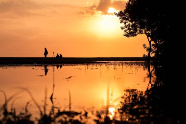 Siluet insanlar sakin günbatımının tadını çıkarıyorlar. Su yansıması, altın turuncu gökyüzü arkaplanı, derin derin düşünme havası.