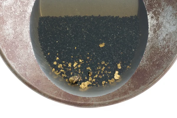 Gold pan γεμάτη με φυσικών κοιτασμάτων χρυσού Εικόνα Αρχείου