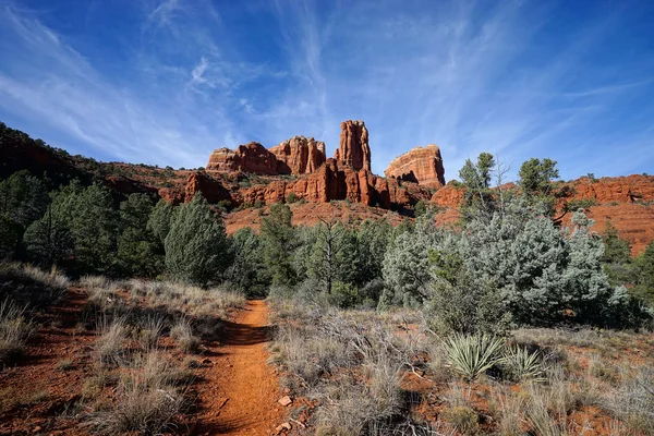 Pathway in the desert leading towards cathedral mountain — Stock Photo, Image