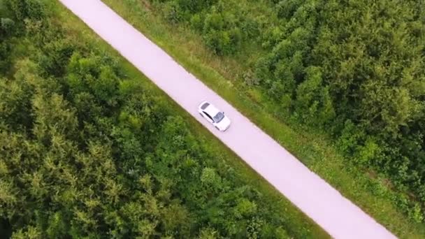 Wyprzedzam samochody. Widok z lotu ptaka nad drogą z poruszającymi się samochodami, że przez pas zielony las. Samochody jadące wzdłuż leśnej drogi. Samochody jadące przez las. Strzał drona z góry. — Wideo stockowe