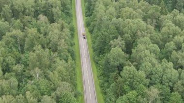 Yol üzerinde uçan hava manzaralı, yeşil orman şeridinde hareket eden bir kamyon. Orman yolu boyunca giden bir kamyon. Çam ormanlarından geçen bir kamyon. Yukarıdan drone atışı