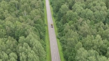 Yol üzerinde uçan hava manzaralı, yeşil orman şeridinde hareket eden bir kamyon. Orman yolu boyunca giden bir kamyon. Çam ormanlarından geçen bir kamyon. Yukarıdan drone atışı