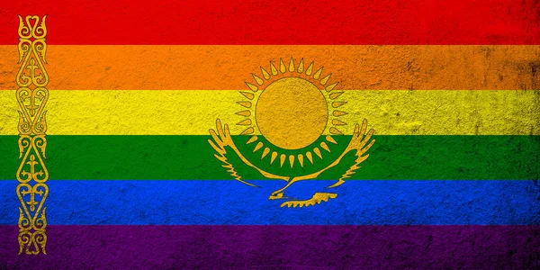 Казахстанский Флаг Гордости Лгбт Радуга Гранж Фон — стоковое фото