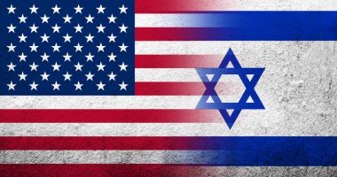İsrail Ulusal Bayrağı taşıyan Amerika Birleşik Devletleri (ABD) ulusal bayrağı. Grunge arkaplanı