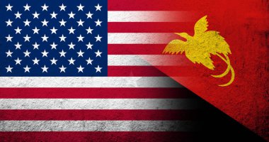Papua Yeni Gine Ulusal Bayrağı taşıyan Amerika Birleşik Devletleri (ABD) ulusal bayrağı. Grunge arkaplanı