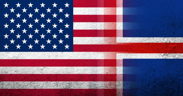 United States of America (USA) national flag with National flag of Iceland. Grunge background