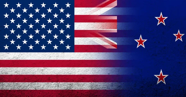 United States of America (USA) national flag with National flag of New Zealand . Grunge background