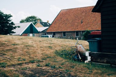 Kırık el arabası ve sarı yaz otlarıyla geleneksel Hollanda çiftliği