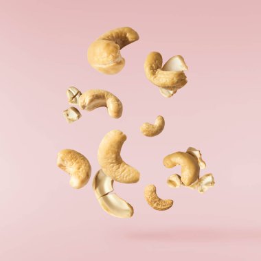 Pembe arka planda izole bir şekilde havaya düşen taze, lezzetli kaju fıstıkları. Yiyecek uçurma konsepti. Yüksek çözünürlük.