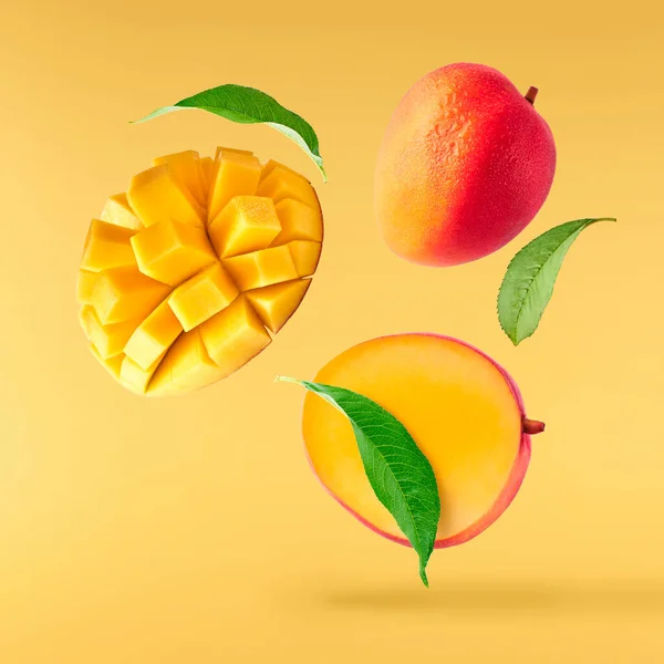 Frische Reife Mango Mit Blättern Die Die Luft Fallen Isoliert — Stockfoto