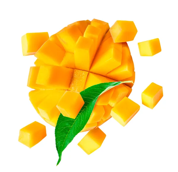 Fresh Ripe Mango Leaves Falling Air Isolated White Background Food — Stock Photo, Image