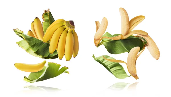 Conjunto Com Bananas Frescas Maduras Com Folhas Caindo Isolado Fundo — Fotografia de Stock