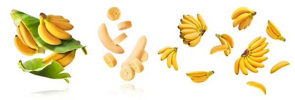 Ένα Σετ Φρέσκο Ώριμο Μωρό Μπανάνες Φύλλα Που Πέφτουν Στον — Φωτογραφία Αρχείου
