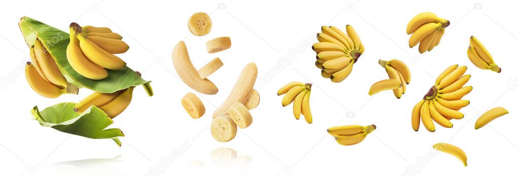 A set with Fresh ripe baby bananas with leaves falling in the air isolated on white background. Food levitation concept. High resolution image