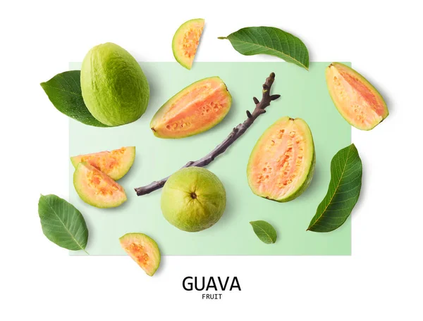 Set Fresh Ripe Whole Halved Guava Leaves — Stock Photo, Image