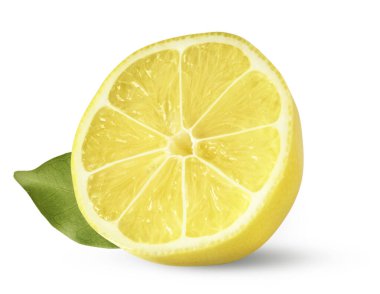 Beyaz arka planda yaprak ile taze yarım limon
